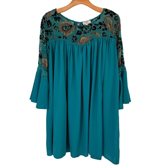 Umgee Dresses & Skirts - Umgee Womens Teal velvet flocked Paisley Print Long Sleeve Dress size large